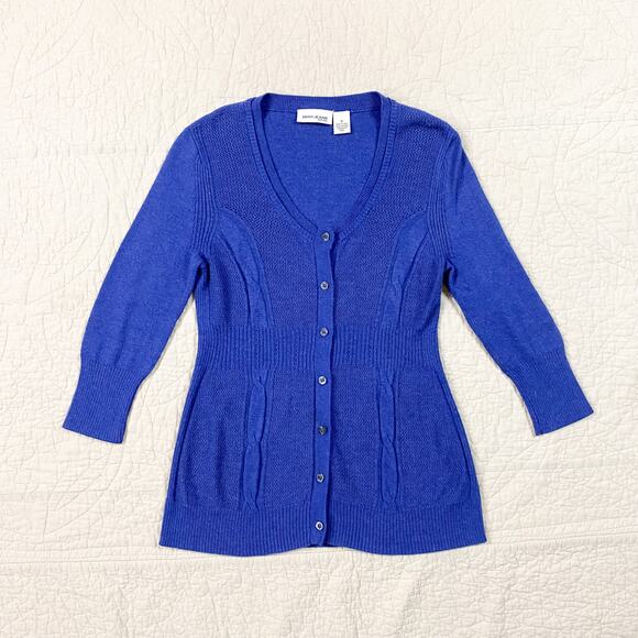 DKNY Babydoll Cardigan Top Blue Knit Womens Medium Preppy Twee Y2K Ditsy - Picture 1 of 5